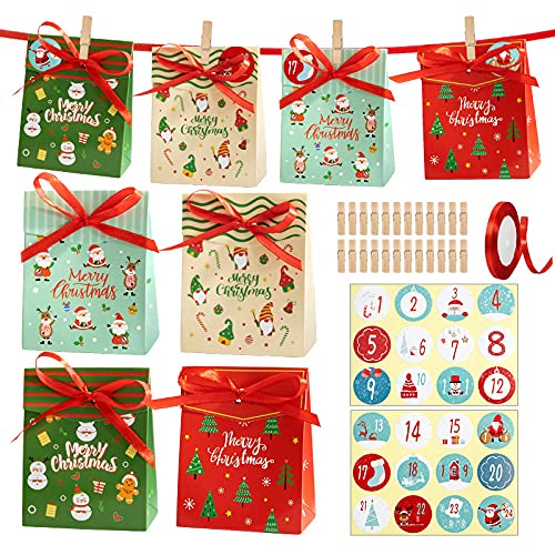 sfesnid Adventskalender zum Befüllen: 24 Geschenktüten–DIY Weihnachten Papiertüten + Zahlen Aufkleber + Band + Holz Klammern für Süßigkeiten Bonbons Schokolade Nüsse 8 * 4 * 10CM von sfesnid