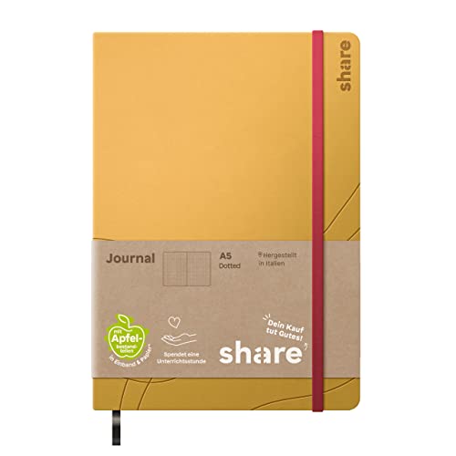 share Journal A5 punktkariert – Notizheft spendet eine Unterrichtsstunde für ein Schulkind – Upcycling Notizbuch aus Apfelschalen – gelb von share