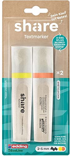 share by edding EcoLine Textmarker 2er Set – Textmarker Set spendet eine Unterrichtsstunde für ein Schulkind – nachfüllbare Eco Marker Stifte – gelb/orange von share