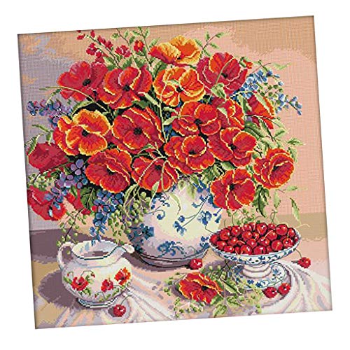 sharprepublic Stickset Stickbilder Kreuzstich vorgedruckt Stickpackung für Erwachsene, Blumen & Kirsche Cross Stitch, 48x48cm von sharprepublic