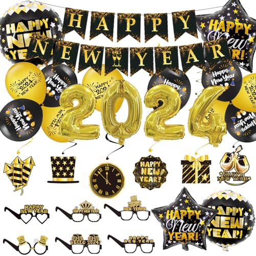 2024 Silvester Dekorationen, 2024 Frohes Neues Jahr Party Luftballons und Banner, Silvesterparty Schwarz-Gold Ballons Silvester Foto Booth Requisiten Frohes neues Jahr Dekorationen (Style 1) von shengo