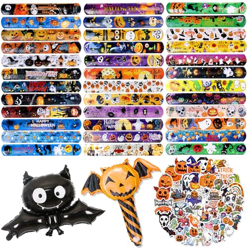 88PCS Halloween Slap Armbänder für Kinder, 36pcs Slap Bands Wristband 50 Stück Halloween Sticker Large Cane Demon Pumpkin Balloon Vampire Black Bat Balloon für Halloween Party Favors Bag Fillers von shengo