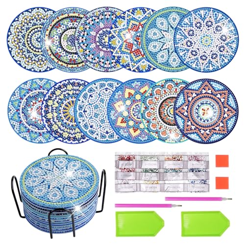 shirylzee 12 Stück Diamond Painting Untersetzer mit Halter 5D Diamond Painting Art Mandala Untersetzer DIY Rutschfest Untersetzer mit Montagewerkzeuge für Anfänger, Erwachsene & Kinder (Blue) von shirylzee