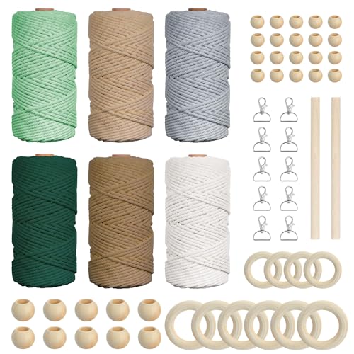 Makramee Garn Set 3mm x 360m Natur Baumwollgarn Baumwollkordel Farbig Makramee Bastelschnur mit Schlüsselanhänger, Holzperlen, Holzringe, Rundstab für Basteln Stricken, Boho Deko, Wandbehang von shirylzee