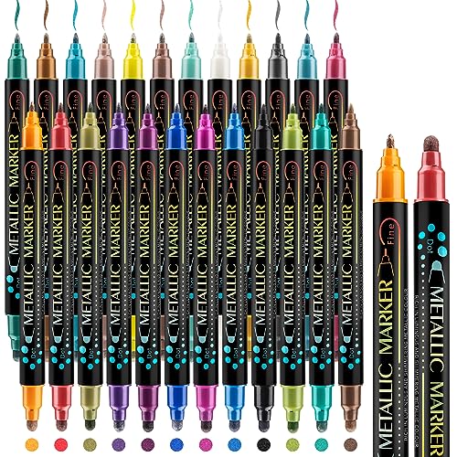 Metallic Marker Stifte Set, 24 Farben Dual Tip Metallic Stifte Wasserfest Permanent Marker Stifte Steine Bemalen Multimarker für Fotoalbum zum Selbstgestalten, Holz, Leinwand, Glas, Papier, Keramik von shirylzee