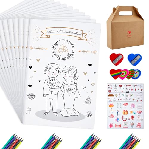 shirylzee 12er Set Hochzeitsmalbuch Kinder Malbuch Hochzeit Ausmalbuch Hochzeit mit Buntstiften & Aufkleber, Beschäftigung Spiele, Gastgeschenke Hochzeit für Kinder Wedding von shirylzee