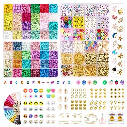 shirylzee 21600 Stück Perlen Zum Auffädeln 3mm 48 Farbe Mini Glasperlen Armbänder Selber Machen Perlen Set mit Smiley Perlen,A-Z Buchstaben Perlen,Liebe für DIY Armband Schmuckherstellung Kit von shirylzee