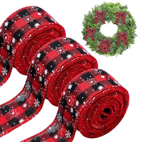 3 Rollen rotes und schwarzes Gingham-Band, Weihnachtsband, 8 m Drahtrand, Sackleinenband, Weihnachtsband zum Verpacken von Geschenken, kariertes Band für Schleifen und Weihnachtskränze von shpuuyy