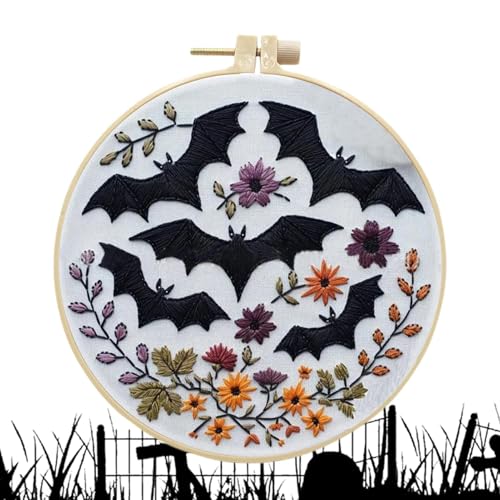 shpuuyy Halloween Anfänger Stickerei Kit, Skelett Hexenhut Stickset Halloween Stickerei Kit Gruselige Totenkopf Kits mit Blumen Nadelspitze Kit für Erwachsene von shpuuyy