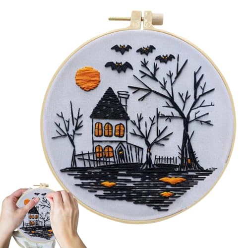 shpuuyy Halloween Anfänger Stickerei Kit, Skelett Hexenhut Stickset Halloween Stickerei Kit Gruselige Totenkopf Kits mit Blumen Nadelspitze Kit für Erwachsene von shpuuyy