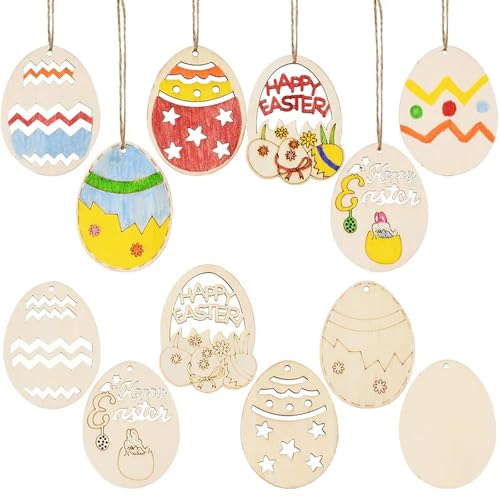 6/12 Stück Ostereier Holzscheiben Kinder DIY Malerei Geschenk Hängende Anhänger unlackiertes Holz Handwerk Happy Easter Party Heimdekoration von shwta