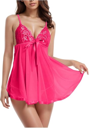 shwta Sexy Dessous für Damen, Nachtwäsche aus Spitze, Babydoll mit V-Ausschnitt und Netzstoff, Pyjama mit Stickerei und Riemchen von shwta