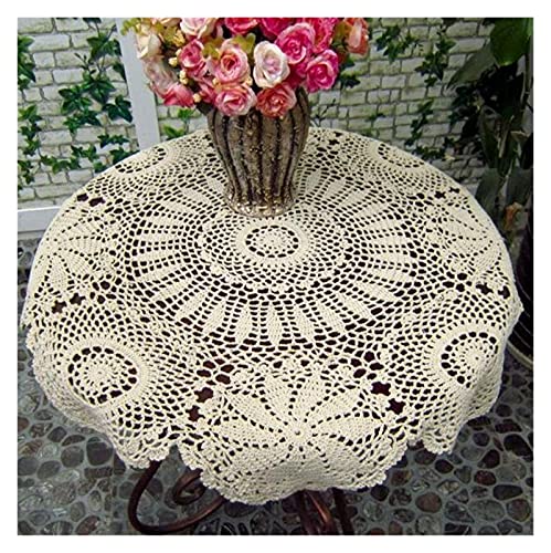 sibulv Weinlese-handgefertigte weiße Häkeln-Tischdecke Runder Tischtopf-Kaffee-Tee-Tisch-Tuch-Cover Toalha de Mesa(Beige,Diameter 100cm) von sibulv