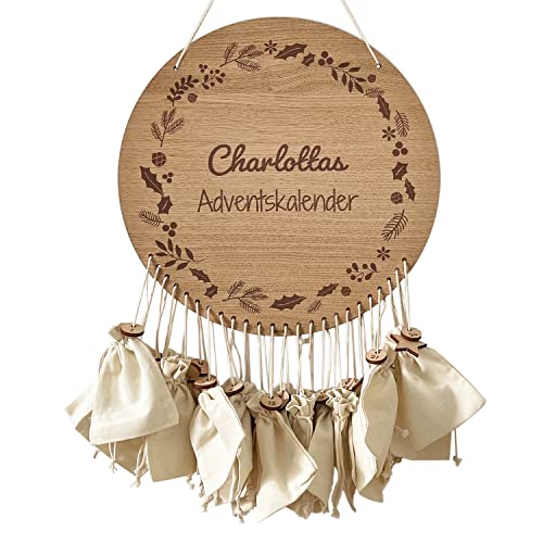 Blumenkranz Adventskalender zum Befüllen und personalisiert mit Wunschnamen - Inkl. 24 Geschenksäckchen - Für Kinder und Erwachsene - Holz - Eichenfurnier - Maße: 38,0 Ø cm - signodoo von signodoo