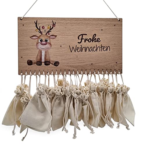 Rentier Adventskalender zum Befüllen - Inkl. 24 Geschenksäckchen - Für Kinder und Erwachsene - Holz - Eichenfurnier - Geschenk Kalender - Weihnachten - BxH: 35,0 x 19,0 cm - signodoo von signodoo