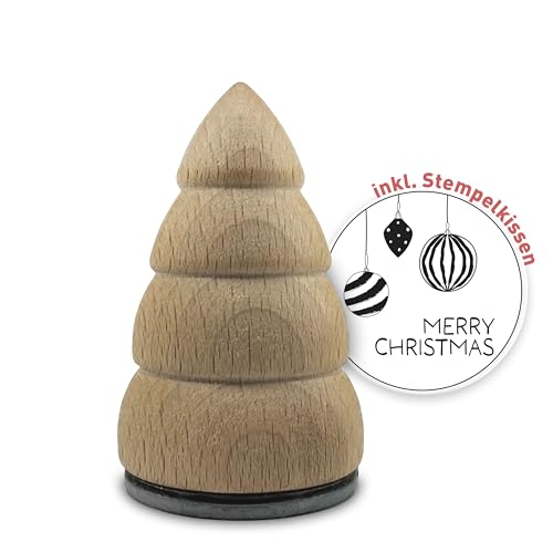 Weihnachtsstempel in Tannenbaum-Optik – Unlackiert, 4 cm Durchmesser, 6,8 cm Höhe inkl. Stempelkissen, Christbaumkugeln - Merry Christmas von signodoo