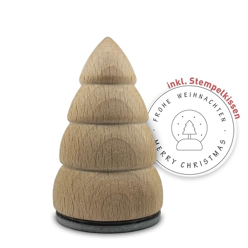 Weihnachtsstempel in Tannenbaum-Optik – Unlackiert, 4 cm Durchmesser, 6,8 cm Höhe inkl. Stempelkissen, Schneekugel - frohe Weihnachten von signodoo