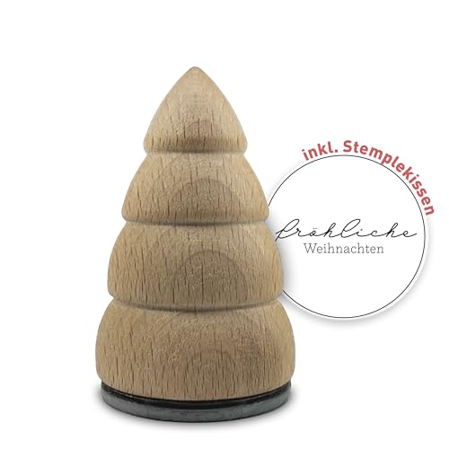 Weihnachtsstempel in Tannenbaum-Optik – Unlackiert, 4 cm Durchmesser, 6,8 cm Höhe inkl. Stempelkissen, fröhliche Weihnachten von signodoo