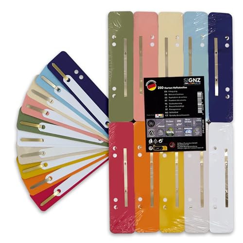SIGNZ Heftstreifen Pappe, 250 Stück, 25 x 10 Farben, Recycling-Karton, CO2-neutral hergestellt, made in Germany (250 Stück, 10 Farben) von signz