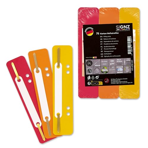 SIGNZ Heftstreifen Pappe, 75 Stück, 25 x 3 Farben, Recycling-Karton, CO2-neutral hergestellt, made in Germany (75 Stück, gelb, orange, rot) von signz