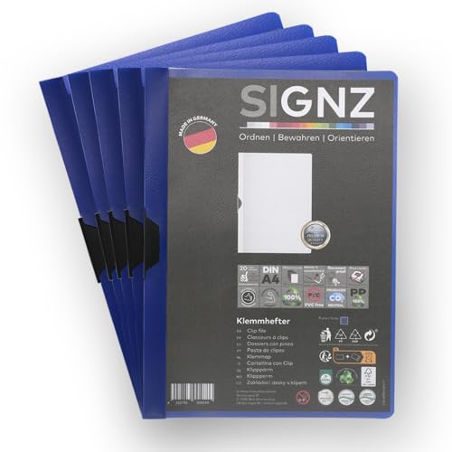 SIGNZ Klemmhefter DIN A4, 5 Stück, dunkelblau, Für bis zu 30 Blatt, CO2-neutral hergestellt, made in Germany von signz