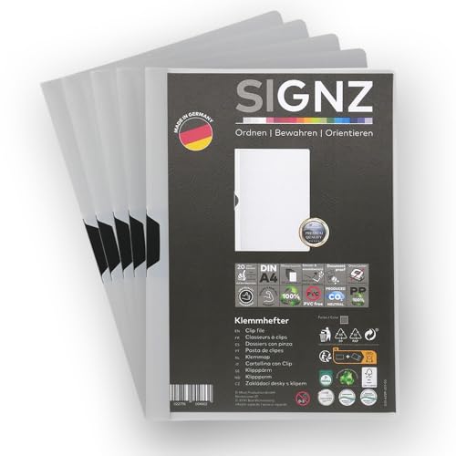 SIGNZ Klemmhefter DIN A4, 5 Stück, grau, Für bis zu 30 Blatt, CO2-neutral hergestellt, made in Germany von signz