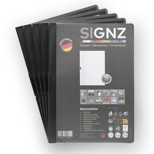 SIGNZ Klemmhefter DIN A4, 5 Stück, schwarz, Für bis zu 30 Blatt, CO2-neutral hergestellt, made in Germany von signz