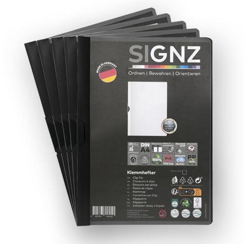 SIGNZ Klemmhefter DIN A4, 5 Stück, schwarz, Für bis zu 60 Blatt, CO2-neutral hergestellt, made in Germany von signz