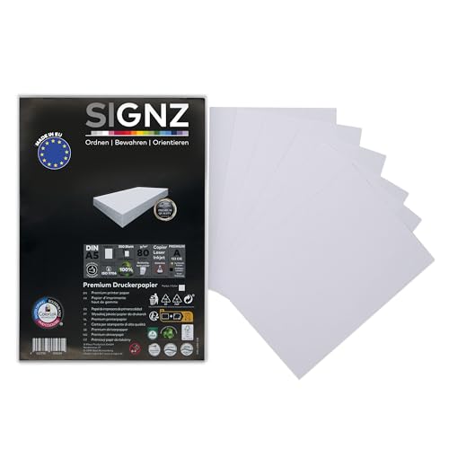 SIGNZ Kopierpapier, DIN A5, weiß, 75g, 350 Blatt, Druckerpapier für Zuhause & Office von signz