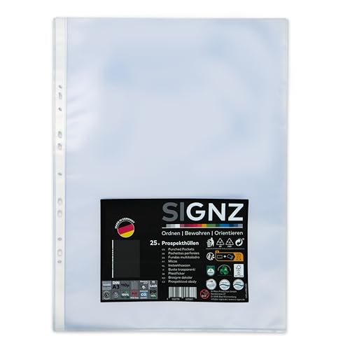 SIGNZ Prospekthüllen (DIN A3, Hochformat, extra starke 110 my), 25 Stück, genarbt, CO2-neutral hergestellt, made in Germany von signz