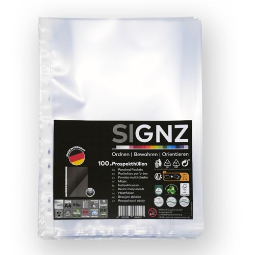 SIGNZ Prospekthüllen (DIN A4, starke 80 my), 100 Stück, glasklar, CO2-neutral hergestellt, made in Germany von signz