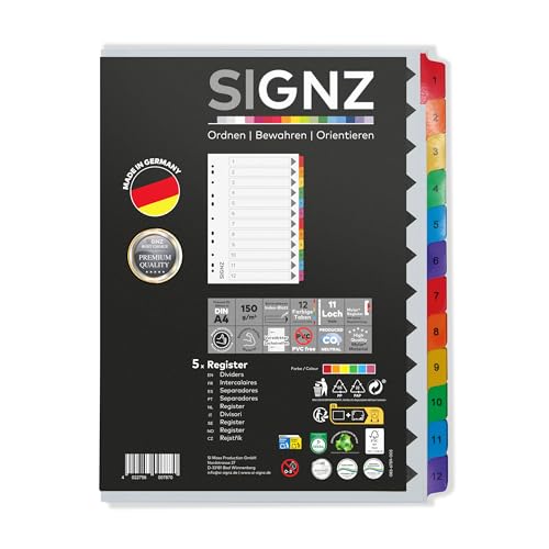 SIGNZ Register DIN A4, 12 - teilig, 5 Stück, extra starke Trennblätter, CO2-neutral hergestellt, made in Germany von signz