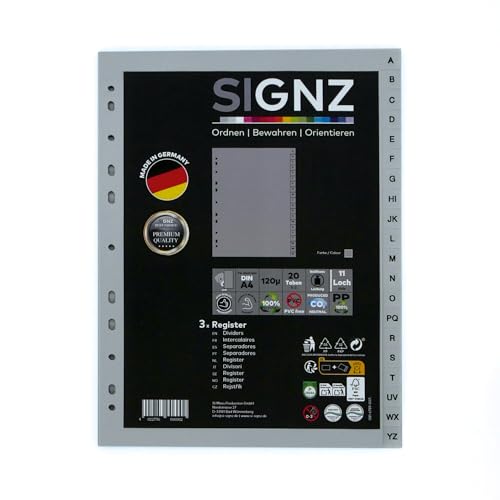 SIGNZ Register DIN A4, 20 - teilig (A-Z), 3 Stück, extra starke Trennblätter aus Kunststoff (PP), CO2-neutral hergestellt, made in Germany von signz