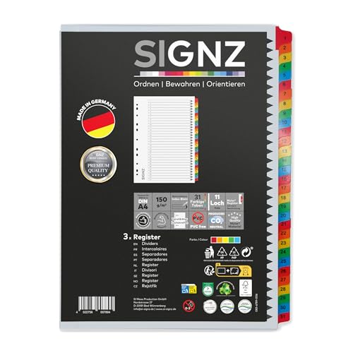 SIGNZ Register DIN A4, 31 - teilig, 3 Stück, extra starke Trennblätter, CO2-neutral hergestellt, made in Germany von signz