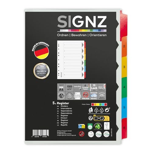 SIGNZ Register DIN A4, 6 - teilig, 5 Stück, extra starke Trennblätter, CO2-neutral hergestellt, made in Germany von signz