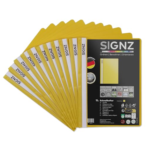 SIGNZ Schnellhefter DIN A4, stabil, 11 Stück, gelb, transparenter Deckel, CO2-neutral hergestellt, aus recycelbarem Kunststoff (PP), made in Germany von signz