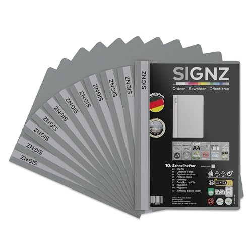 SIGNZ Schnellhefter DIN A4, stabil, 11 Stück, transparenter Deckel, CO2-neutral hergestellt, aus recycelbarem Kunststoff (PP), made in Germany (grau) von signz