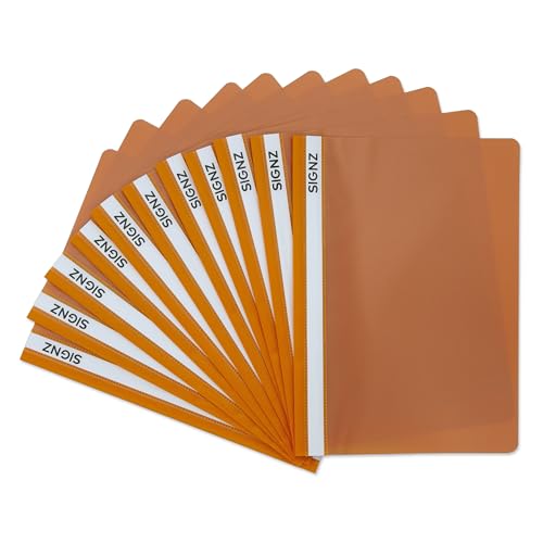 SIGNZ Schnellhefter DIN A4, stabil, 11 Stück, transparenter Deckel, CO2-neutral hergestellt, aus recycelbarem Kunststoff (PP), made in Germany (orange) von signz