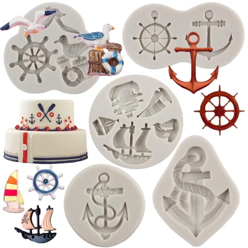 Sijiangmold Anker Ruder Fondant Formen Möwe Segelboot Haken Kuchendekoration Silikonform für Kuchen Dekorieren Cupcake Topper Süßigkeiten Schokolade Gummi Paste Set von 5 von sijiangmold