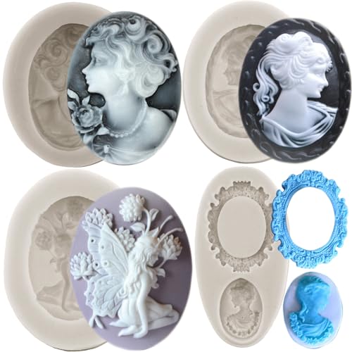 Sijiangmold Cameo Silikonform mit Bilderrahmen Lady Avatar Fondant Formen Engel Fee Schokoladenformen für Cupcake Topper Kuchen Dekorieren Süßigkeiten Schokolade Polymer Clay Gummipaste Set von 4 von sijiangmold