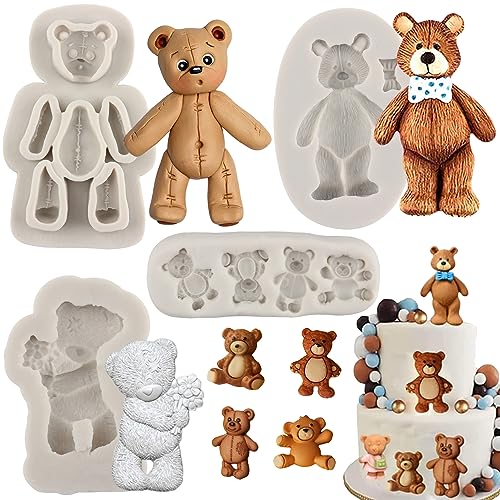 Sijiangmold Silikonform für Fondant, Teddybär, Kuchendekoration, für Cupcake-Topper, Süßigkeiten, Schokolade, Gummipaste, Modelliermasse, 4 Stück von sijiangmold