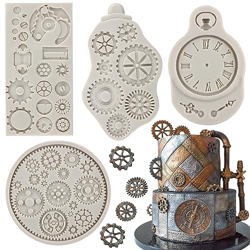 Sijiangmold Steampunk Gear Fondant-Formen Zahnräder Form Uhr Radform Fondant Kuchen Form für Steampunk Reise Thema Kuchen Dekorieren Cupcake Topper Süßigkeiten Schokolade Gummipaste Set von 4 von sijiangmold