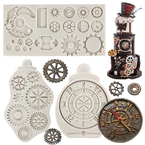 Sijiangmold Steampunk Gear Silikonform Kompass Zahnräder Zahnräder Zahnräder Fondant Formen für Steampunk Reise Thema Kuchen Dekorieren Süßigkeiten Schokolade Polymer Clay Gummipaste Set von 3 von sijiangmold