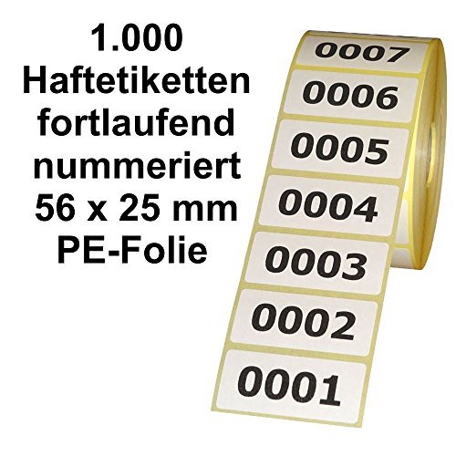 Etiketten/Aufkleber auf Rolle - Polyester-Folie (PE) - fortlaufend nummeriert - 56 x 25 mm (1000) von simhoa