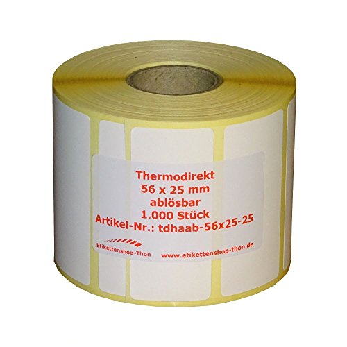 Thermo Etiketten auf Rolle - 56 x 25 - mm - 1.000 Stück - Hülse 25 mm - ABLÖSBAR von simhoa