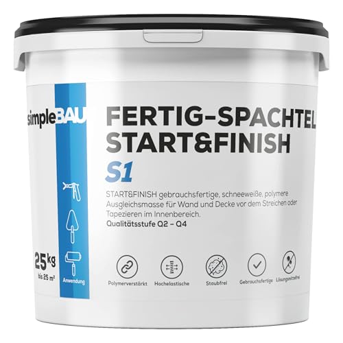 simpleBAU - Gebrauchsfertige Polymer-Spachtelmasse Weiß Start&Finish 25 KG, Reparatur Spachtel vor dem Anstrich, Wandspachtelmasse Aufgetragen wird Leicht Aufzutragen und zu Schleifen von simpleBAU