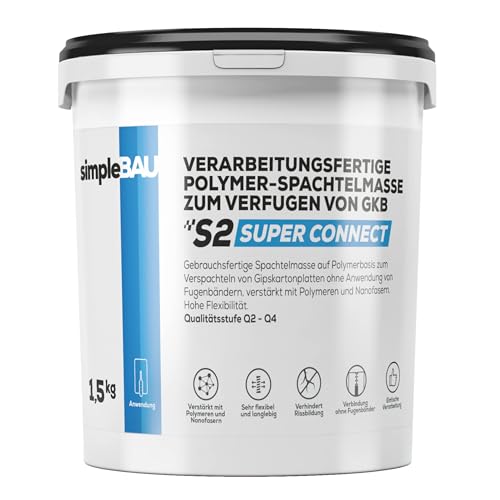 simpleBAU - Gebrauchsfertige Spachtelmasse Weiß 1,5 kg Super Connect auf Polymerbasis zum Verfugen von Gipskartonplatten ohne eines Fugenbandes, Reparaturspachtelmasse Innen für Wände und Decken von simpleBAU