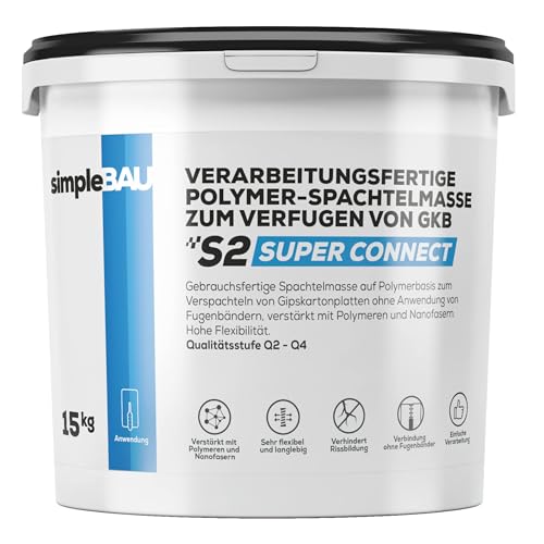 simpleBAU - Gebrauchsfertige Spachtelmasse Weiß 15 kg Super Connect auf Polymerbasis zum Verfugen von Gipskartonplatten ohne eines Fugenbandes, Reparaturspachtelmasse Innen für Wände und Decken von simpleBAU