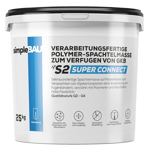 simpleBAU - Gebrauchsfertige Spachtelmasse Weiß 25 kg Super Connect auf Polymerbasis zum Verfugen von Gipskartonplatten ohne eines Fugenbandes, Reparaturspachtelmasse Innen für Wände und Decken von simpleBAU