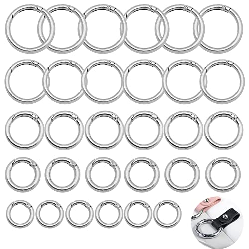 30 Stück Rund Karabinerhaken, O-Ring Federöffnung Taschenringe Schlüsselanhänger, 5 Verschiedene Größen Runder Kleiner Karabiner, Frühling Sprung Ringe für Schlüssel Organisation und DIY, Silber von sinzau